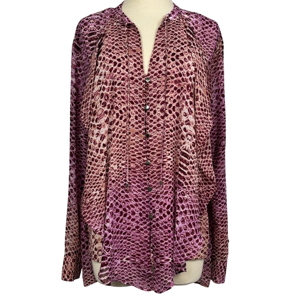 Jennifer Lopez Womens M Sheer Purple Pink Snakeskin Print Ruffle Roll Tab Blouse